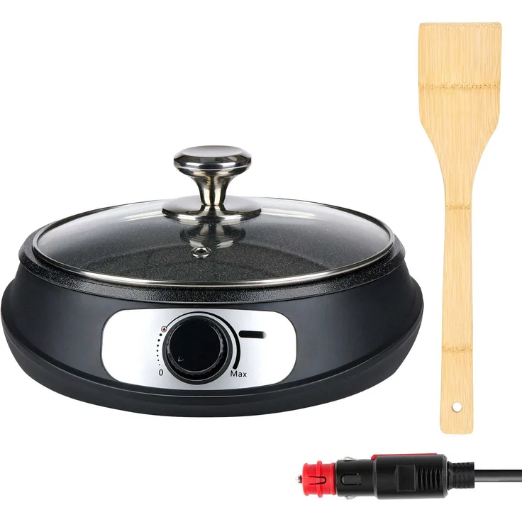 All Ride Teppanyakigrill, 250 W Teppanyakiplatte für LKW, 24V, antihaftbeschichtet mit Deckel aus gehärtetem Glas, schwarz/silber