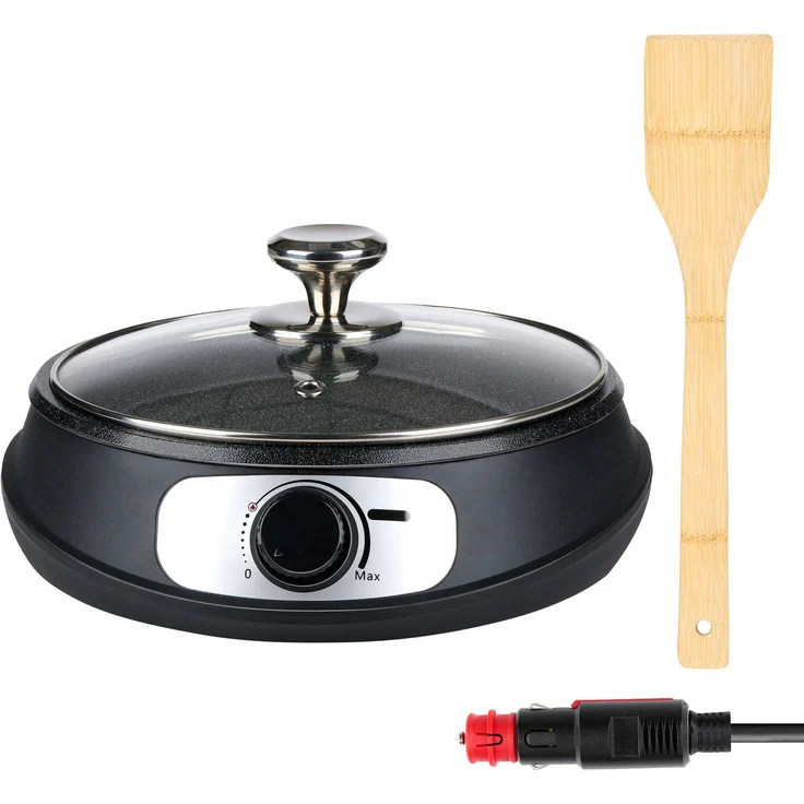 All Ride Teppanyakigrill, 250 W Teppanyakiplatte für LKW, 24V, antihaftbeschichtet mit Deckel aus gehärtetem Glas, schwarz/silber