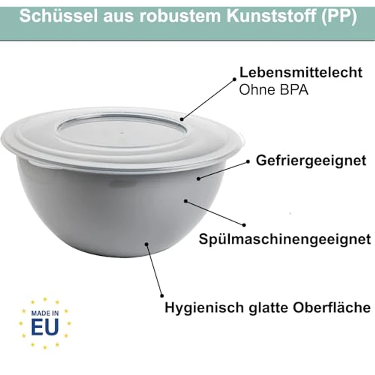 2friends Schüssel Modell Leya, 3x Rührschüssel Set mit Deckel, 2L hellgraue Plastikschüsseln, Ø 28 cm, BPA-frei – Bild 3