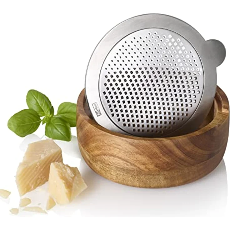 AdHoc GG30 Feinreibe CutnServe, Edelstahl und Akazienholz, mit Auffangbehälter für Hartkäse und Gewürze, 12,5 cm Durchmesser – Bild 3