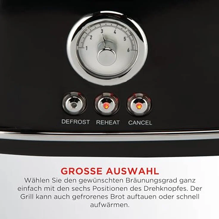 BOURGINI Retro Toaster, Schwarz, Edelstahl, 850W, Einstellbare Bräunungsstufen + Auftau-& Aufwärmfunktion – Bild 2