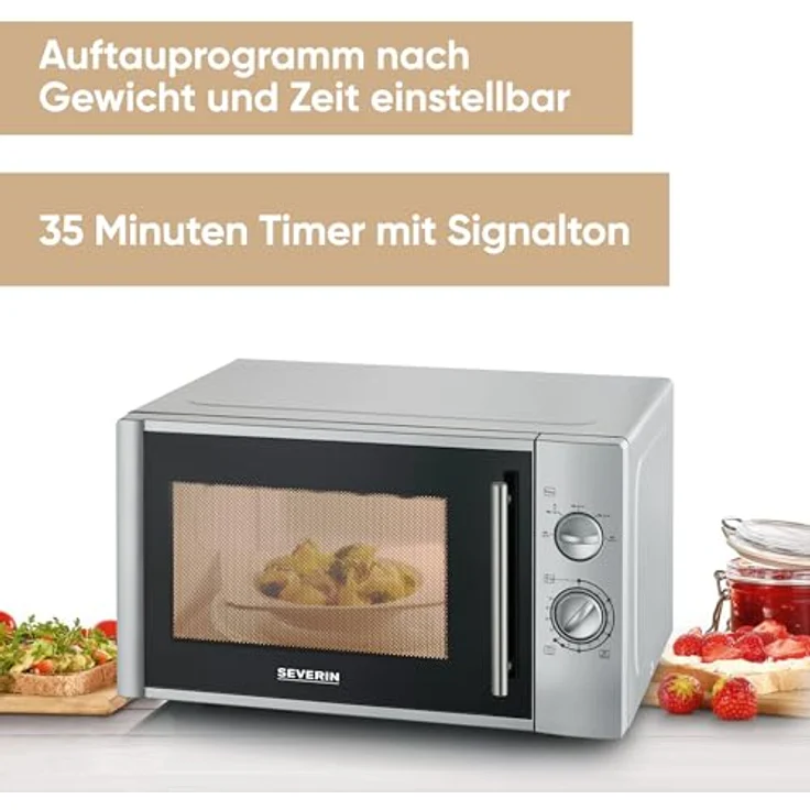 Severin MW7772 Mikrowelle, 28 Liter Garraum, 900 Watt, Standgerät, 35 Minuten Timer mit Signalton, Auftauen, inkl. Drehteller, silber – Bild 6