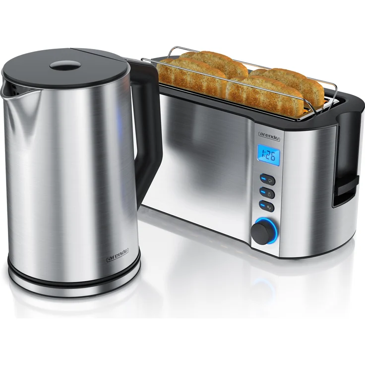Arendo Frühstücks Set Edelstahl Wasserkocher 1,5l Temperaturwahl & 4-Scheiben Langschlitz Toaster Edelstahl, Wasserkocher, Silber