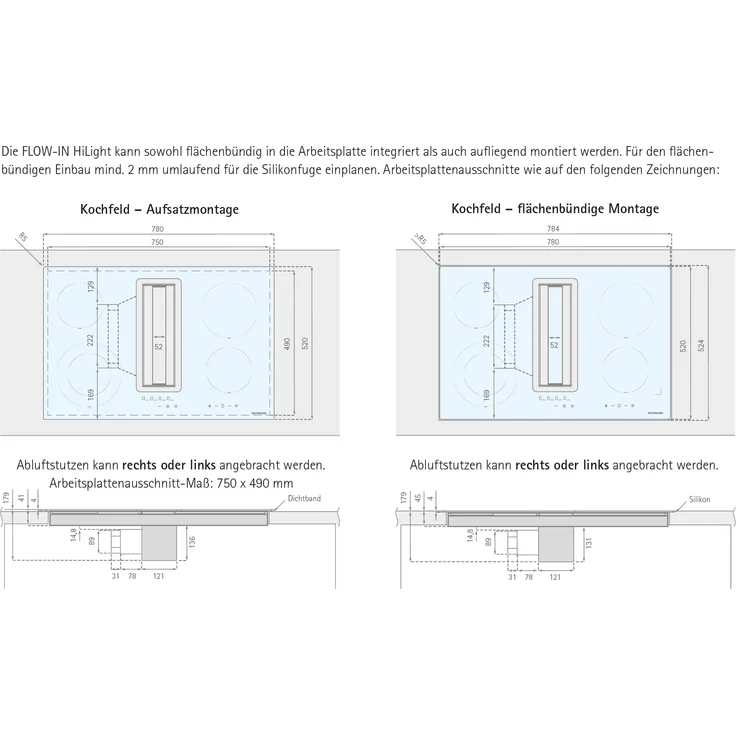 Silverline FLOW-IN HiLight Kochfeld (FLHK 800 ESK ), Glaskeramikkochfeld mit integriertem Abzug, 4 Kochzonen, 4-Stufen-Touch-Contol-LED, Restwärmeanzeige, Energieeffizienzklasse A, edelstahl, schwarz – Bild 4