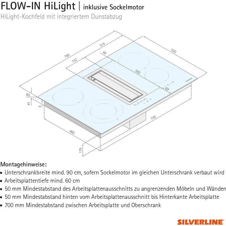 Silverline FLOW-IN HiLight Kochfeld (FLHK 800 ESK ), Glaskeramikkochfeld mit integriertem Abzug, 4 Kochzonen, 4-Stufen-Touch-Contol-LED, Restwärmeanzeige, Energieeffizienzklasse A, edelstahl, schwarz – Bild 3