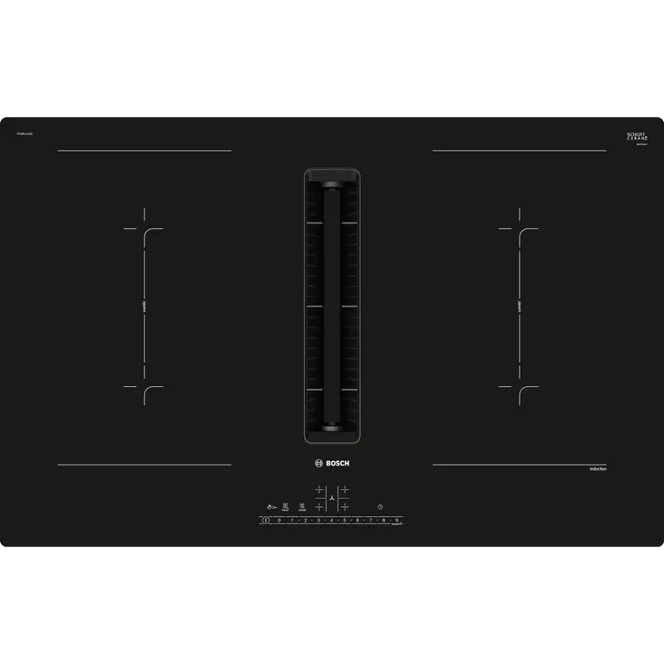 Bosch PVQ811F15E Serie 6 Induktionskochfeld mit Dunstabzug, Einbaugerät, Energieeffizienzklasse B, flexible Zonen 4, Leistungsstufen 17, Breite 80 cm, Glaskeramik, Touch Control, schwarz – Bild 1
