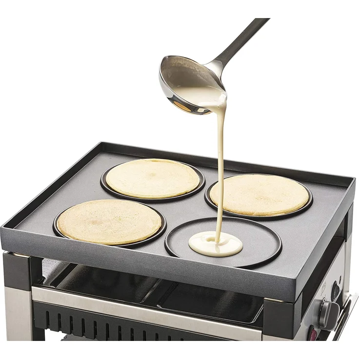 Solis Table Grill 5in1 - Raclette, Grill, Wok, Pizza-Grill, Crêpes, für 4 Personen (Raclettepfännchen, Mini-Wok, Spachtel), 900W, Grillfläche Antihaftbeschichtet, edelstahl, schwarz – Bild 2