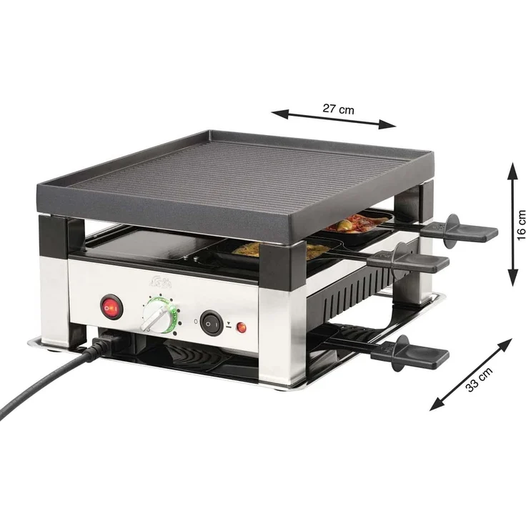 Solis Table Grill 5in1 - Raclette, Grill, Wok, Pizza-Grill, Crêpes, für 4 Personen (Raclettepfännchen, Mini-Wok, Spachtel), 900W, Grillfläche Antihaftbeschichtet, edelstahl, schwarz – Bild 7