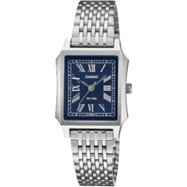 Casio LTP-B190D-2BVER Damenuhr, elegantes rechteckiges Design mit blauem Zifferblatt und Edelstahlarmband, 5 bar wasserdicht