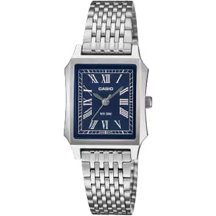 Casio LTP-B190D-2BVER Damenuhr, elegantes rechteckiges Design mit blauem Zifferblatt und Edelstahlarmband, 5 bar wasserdicht