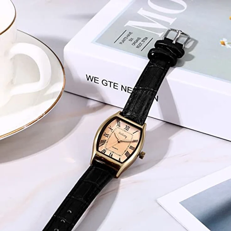 JewelryWe Damen Analog Quarz Armbanduhr Retro mit Römischen Ziffern, Rechteckiges Weinfass Gehäuse, Schwarz, PU Lederarmband – Bild 4