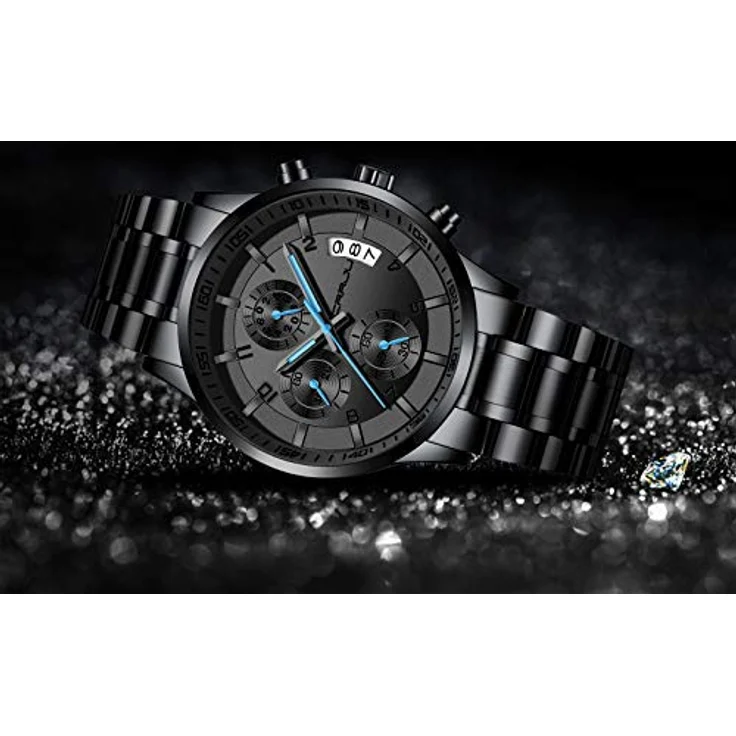 CRRJU Herren Chronograph Armbanduhr, wasserdicht mit Edelstahlarmband und Kalender, schwarz-blau – Bild 3