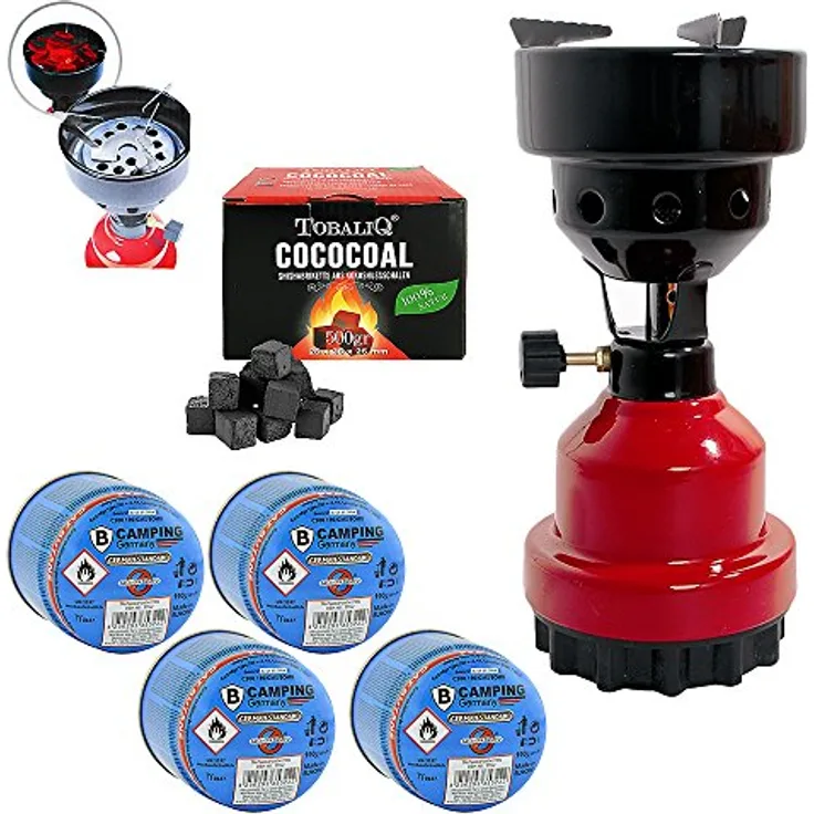 Mianova Campingkocher Camping Kocher Shisha Kohleanzünder Notfallkocher Grill Anzünder Gaskocher Gaskartuschen mit 4 Kartuschen Gasflaschen Kohle Rot