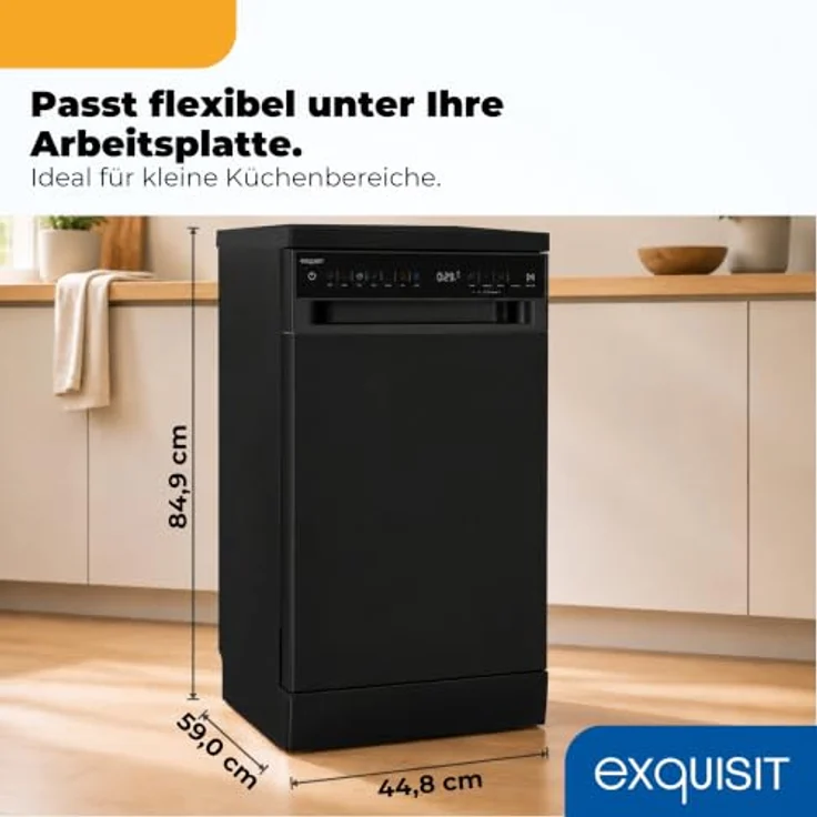 Exquisit GSP59311-450C, Geschirrspüler mit 11 Maßgedecken, Energieklasse C, 7 Spülprogrammen, Aquastop, Besteckschublade, unterbaufähig, Startzeitvorwahl, Schwarz – Bild 3
