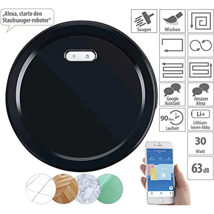Sichler Haushaltsgeräte Staubsaugroboter PCR-3100, WLAN-Staubsauger-Roboter mit Trocken-Wischfunktion, HEPA, 2.500 mAh, App (Staubsauger beutellos Akku, Handstaubsauger) – Bild 3