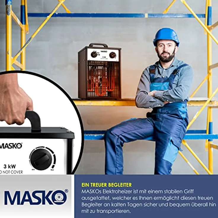 Masko® Elektroheizer Heizlüfter Bauheizer 3 KW mit integriertem Thermostat elektrisch Heizgerät 3000 Watt 3 Heizstufen Heizgebläse für Innen- und Außeneinsatz Überlastschutz Elektroheizgebläse Weiß – Bild 4