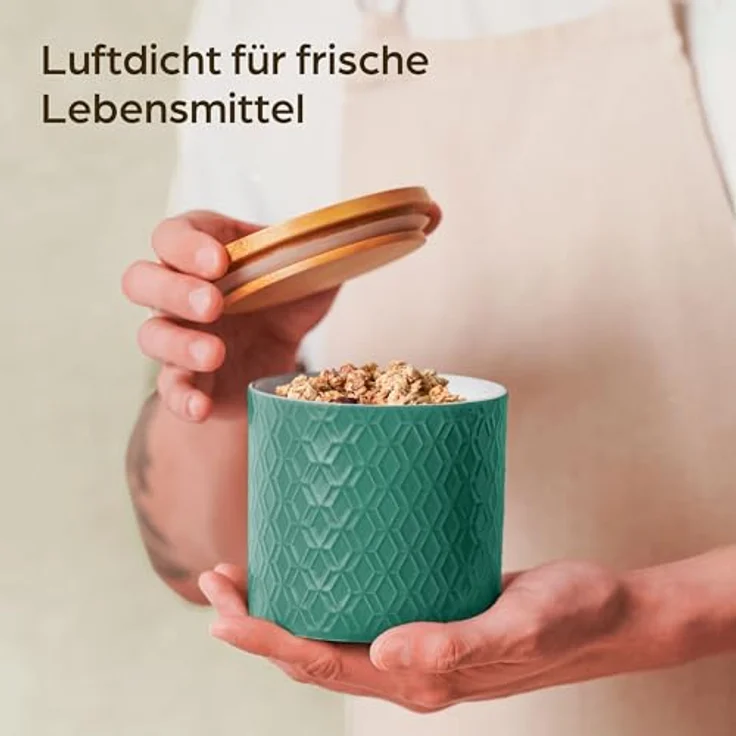Niboline Keramikdose mit Deckel Luftdicht - 3er Vorratsdosen Set aus Holzdeckel für Müsli Mehl Kaffee & Zucker Aufbewahrung - Spülmaschinenfest (Türkis) – Bild 3