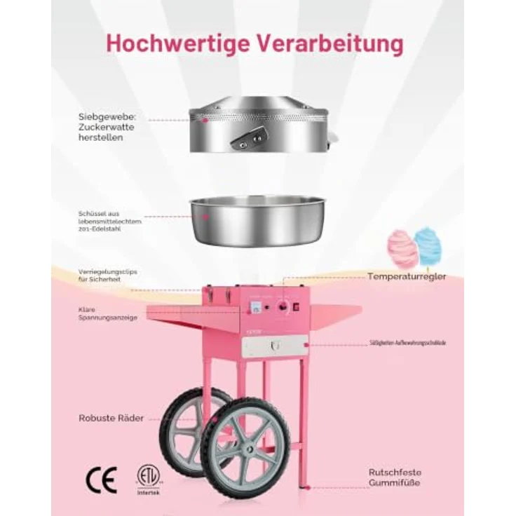 VEVOR elektrische Zuckerwattemaschine mit Wagen, 1000 W, 52 cm Edelstahlschüssel, inklusive Zuckerschaufel und Schublade, rosa, ideal für Kindergeburtstage und Familienfeiern – Bild 5