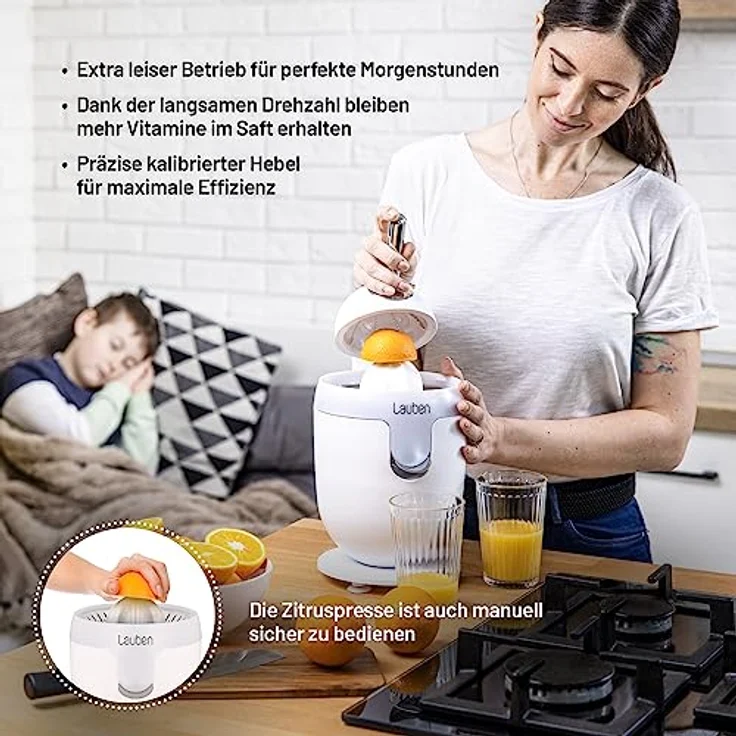 Lauben Electric Citrus Juicer 110WT Elektrische Zitruspresse mit Anti-Drip-Funktion, Leiser Betrieb, Filter für Fruchtfleisch, Automatisches Einschalten - Silber – Bild 4