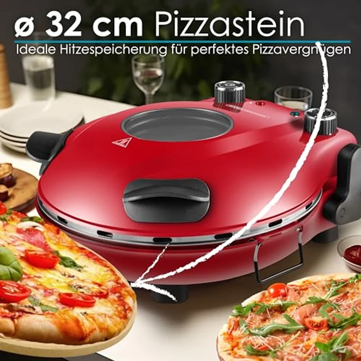 Steinborg Pizzaofen elektrisch mit 32 cm Pizzastein | 390°C | Timer | 5 Stufen | 1200 Watt | Pizza Bräter | Pizzaofenherd | rot – Bild 2
