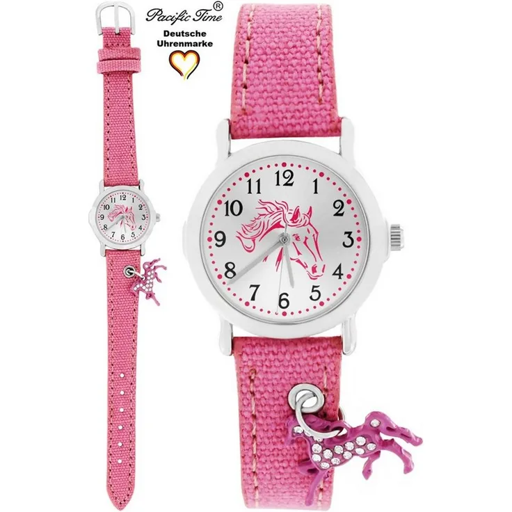 Pacific Time Quarzuhr Kinder Armbanduhr mit Pferdeanhänger Stoffarmband, Gratis Versand