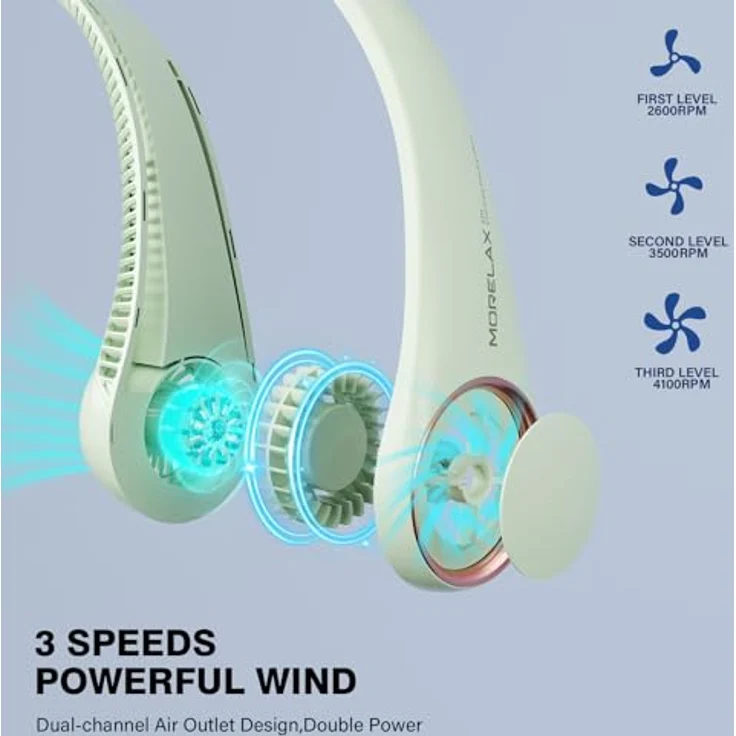 Morelax Tragbarer Nackenventilator, flügelloses Design mit 360°-Luftstrom, 3 Geschwindigkeitsstufen, leiser Betrieb, Grün – Bild 3