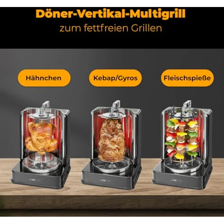 Clatronic DVG 3686 3in1 Döner--Hähnchen und Schaschlik-Vertikal-Multigrill, Edelstahl-Fettauffangbehälter, 1400 W, Schwarz – Bild 2