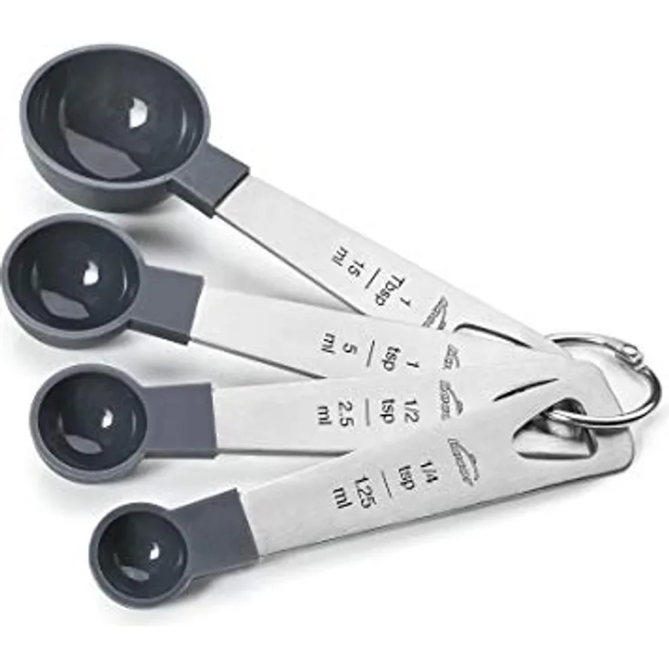 Lacor - 67037 - Set mit 4 Löffeln, Messlöffel für Flüssigkeiten und Lebensmittel, Backwaren, Edelstahl und Polypropylen, stapelbar, Maße in ml, tsp, tbsp, BPA-frei, spülmaschinenfest, Grau