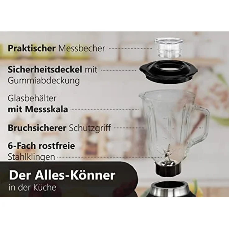 Steinborg SB-7010 Standmixer, 600W, 1,5L Glaskrug, 2 Geschwindigkeitsstufen, Puls-Funktion, 6-Fach Stahlmesser, silber – Bild 5