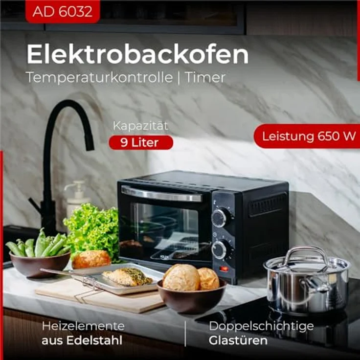 Adler Minibackofen AD 6032, Elektrobackofen mit Timer und Backblech, 9 l, schwarz – Bild 7