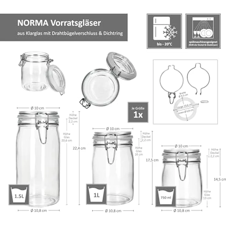 MamboCat NORMA Vorratsglas Set, 3-teilig (0,75L, 1L, 1,5L) mit Bügelverschluss, luftdicht und spülmaschinengeeignet – Bild 6