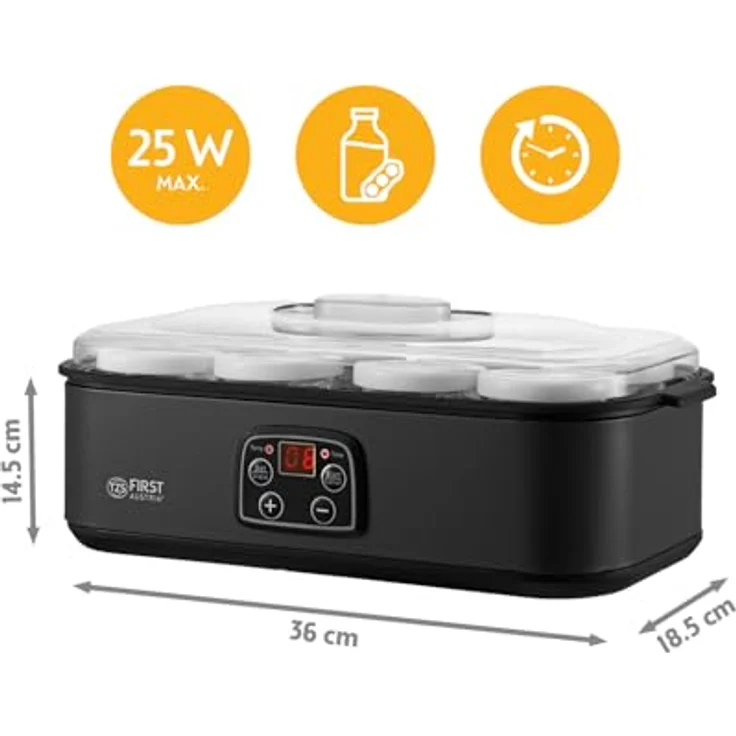 TZS FIRST AUSTRIA Joghurtbereiter, 8 Glasbehälter à 180 ml, LED-Display, Temperaturregelung 20–55 °C, 48h-Timer, Abschaltautomatik – Bild 2