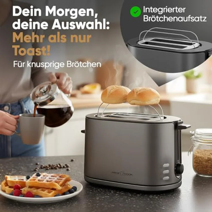 ProfiCook® PC TA 1291, 2-Scheiben-Toaster mit Brötchenaufsatz, mattes Edelstahlgehäuse, 900W, extra breite Toastschlitze, Auftau-Funktion – Bild 2