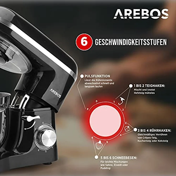 Arebos Küchenmaschine 1500W mit 6L Edelstahl-Rührschüssel | Schwarz | inkl. Rührhaken, Knethaken, Schneebesen | Spritzschutz | 6 Geschwindigkeiten | Knetmaschine | Teigmaschine – Bild 2