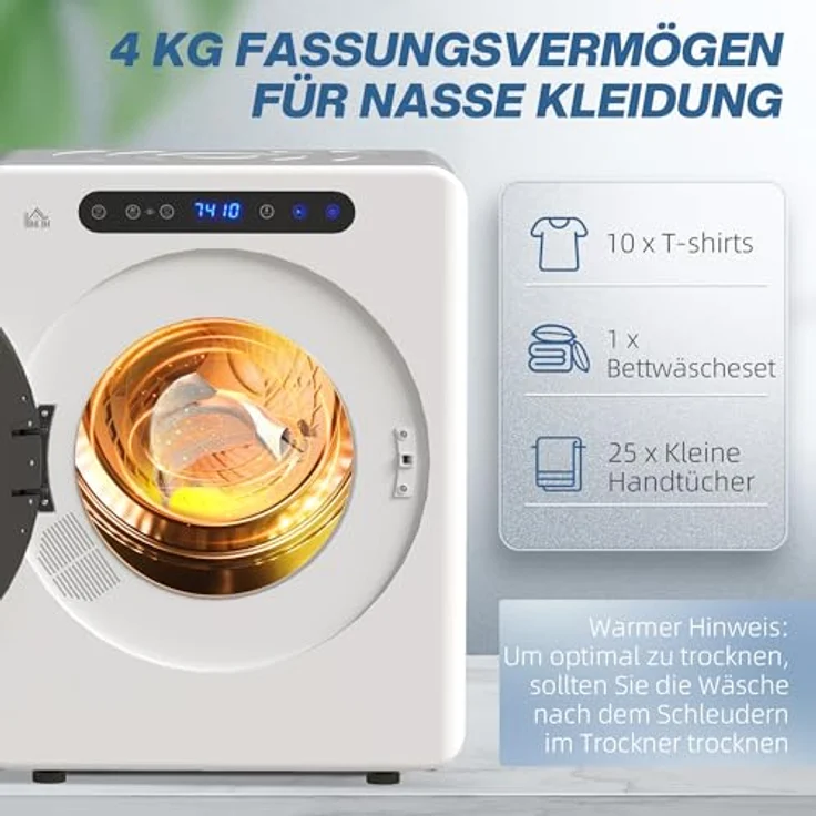 HOMCOM Mini Ablufttrockner, Edelstahl mit 3 kg Kapazität, 1000W Leistung, Weiß – Bild 4