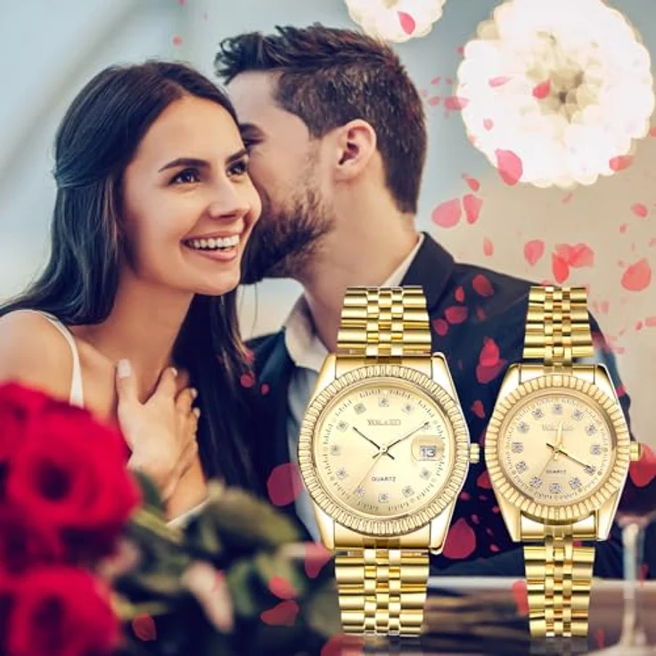 JewelryWe Gold Edelstahl Uhren für Paare, 2er Set Kalender Analog Quarz Armbanduhr mit Diamantskala und Facettiertem Lünette, Partner Freundschaft Geschenk – Bild 2
