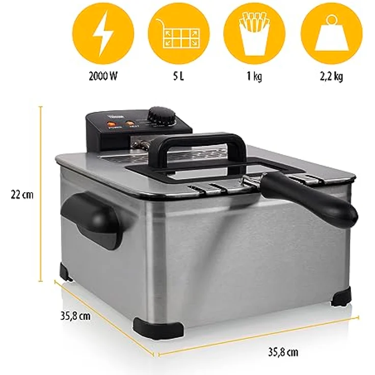 Tristar FR-6949 Fritteuse, 2000 W, 5 Lfassungsvermögen, Sichtfenster, mit Deckel, Edelstahl, silber – Bild 3