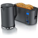 Arendo Frühstücks Set, Edelstahl Wasserkocher 1,5l Temperaturwahl & 4-Scheiben Langschlitz Toaster, Grau