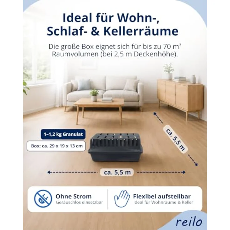 reilo 20x 1kg Luftentfeuchter Granulat (Calciumchlorid), Vliesbeutel Nachfüllpack für Raumentfeuchterboxen, für Auto, Schlafzimmer und Keller, effektiv gegen Schimmel und Feuchtigkeit – Bild 5
