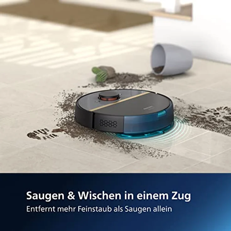 Philips XU7100/01 HomeRun Serie 7000 Saug-Wischroboter, ultrastarke Saugleistung (5.000 Pa), Erkennung kleiner Hindernisse, Absaugstation, schwarz, Saugroboter, App – Bild 4
