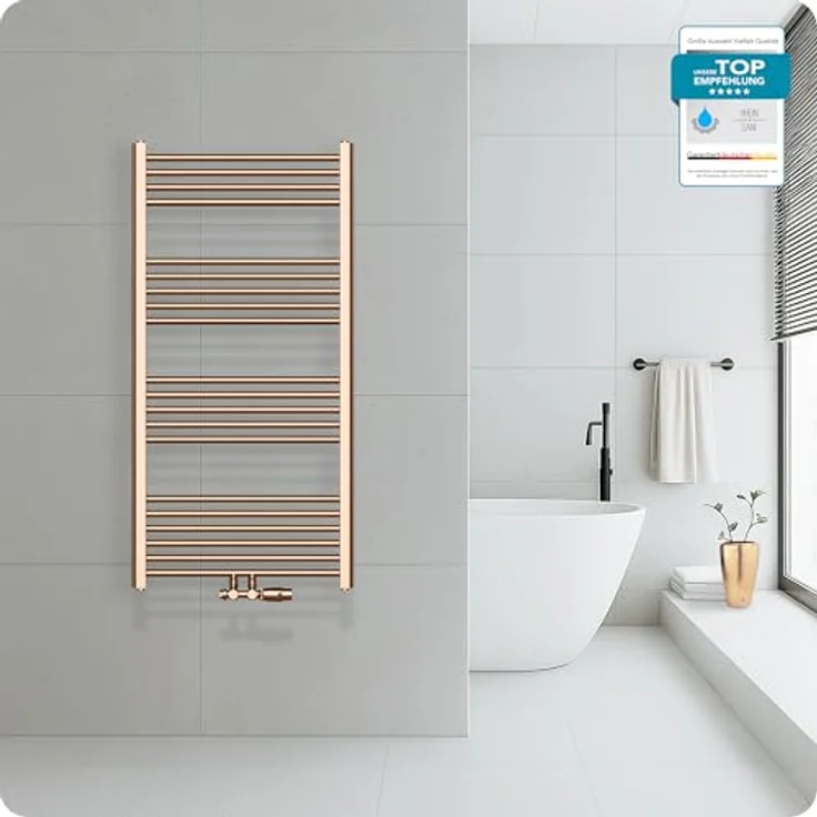 Belrad Handtuchheizkörper mit Mittelanschluss in gebürstetem Kupfer – 1200x600mm, 414 Watt, elegantes Design – Bild 4