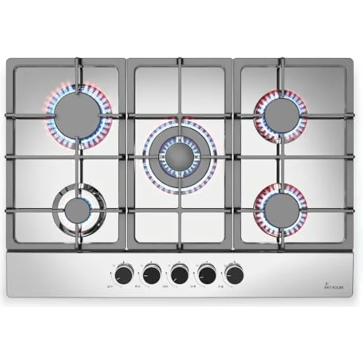 KKT KOLBE Gaskochfeld G805ED, 74 cm autarkes Kochfeld mit 10,6 kW, 5-flammig, Wok-Zone, stufenlos regelbar, Edelstahloberfläche, gusseiserne Topfträger, Propangas & Erdgas kompatibel