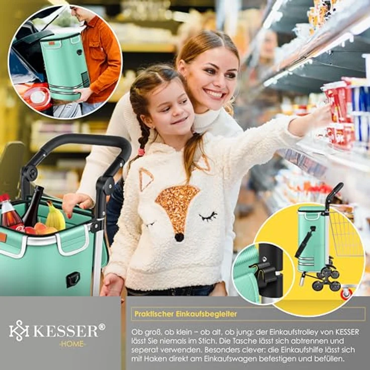 KESSER® Einkaufstrolley Treppensteiger mit Kühlfach, klappbar, 56L Kapazität, belastbar bis 50kg, 3in1 Trolley Sackkarre & Umhängetasche, Mintgrün – Bild 4