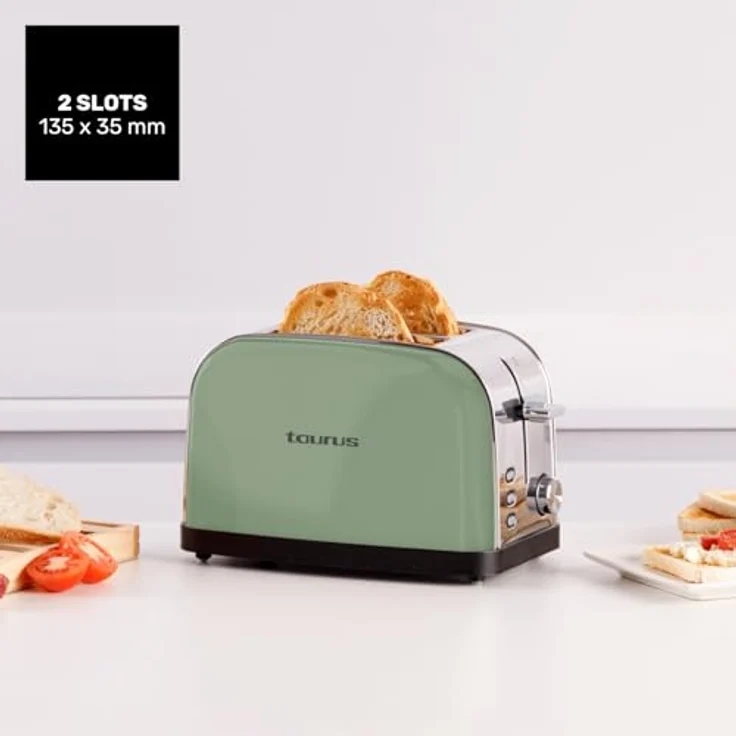 Taurus Toaster Vintage II Olive, 950W, 2 kurze Schlitze, 7 Bräunungsstufen, Edelstahlgehäuse, 3 Funktionen, Kabelaufwicklung, Olivgrün – Bild 5