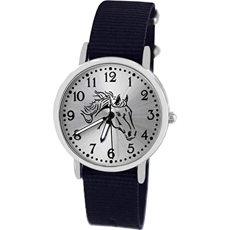Pacific Time Mädchen Armbanduhr, Pferdemotiv analog Quarz mit blauem Textilarmband, 3,2 cm Gehäuse, leuchtende Zeiger, 11-fach verstellbar