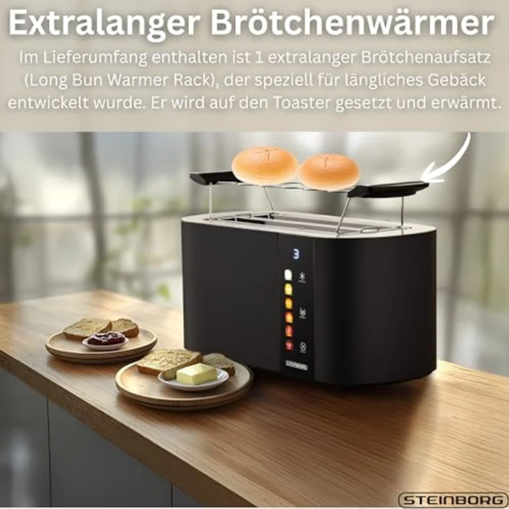 Steinborg® Langschlitz-Toaster 4 Scheiben, Automatik mit Brötchenaufsatz, Cool-Touch Edelstahl, digitales Display, selbstzentrierende Führung, Restzeitanzeige, automatische Abschaltung – Bild 5