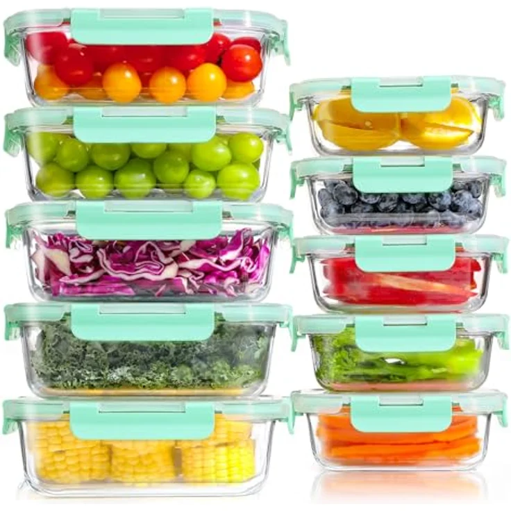 YASHE Glasbehälter Set, 10 Teile stapelbar & luftdicht, aus Borosilikatglas, BPA-frei, für Mikrowelle, Spülmaschine & Gefrierschrank – Bild 1