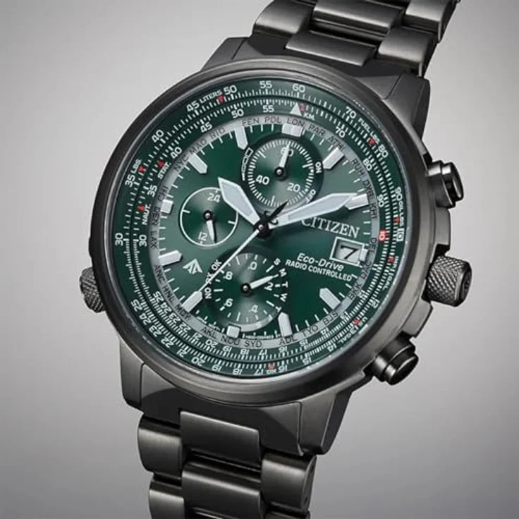 Citizen AT8304-57W Promaster Sky, Herren Funk Solar Chronograph, Edelstahlgehäuse gunmetalfarben, 42mm, grünes Zifferblatt – Bild 4