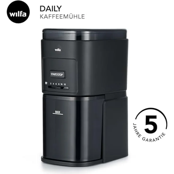Wilfa DAILY Elektrische Kaffeemühle I Flachscheiben-Mahlwerk I 260g Bohnenbehälter I Mahlgrade fein bis grob I Einstellbare Pulvermenge für 2-12 Tassen I Überhitzungsschutz (schwarz) – Bild 2