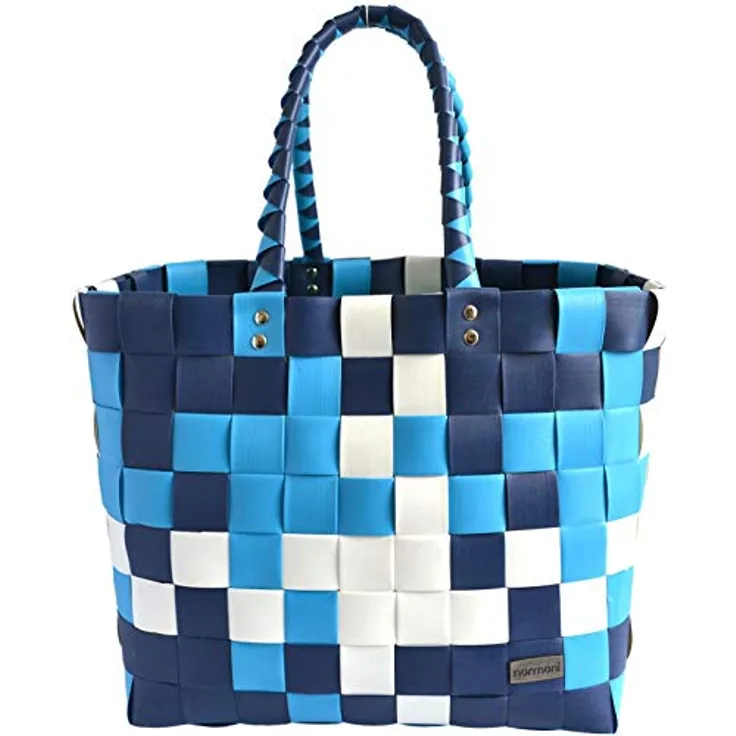 normani Einkaufstasche geflochten mit Henkeln, extra robuste Tragetasche, 20L Volumen, Farbe Classic/Aqua